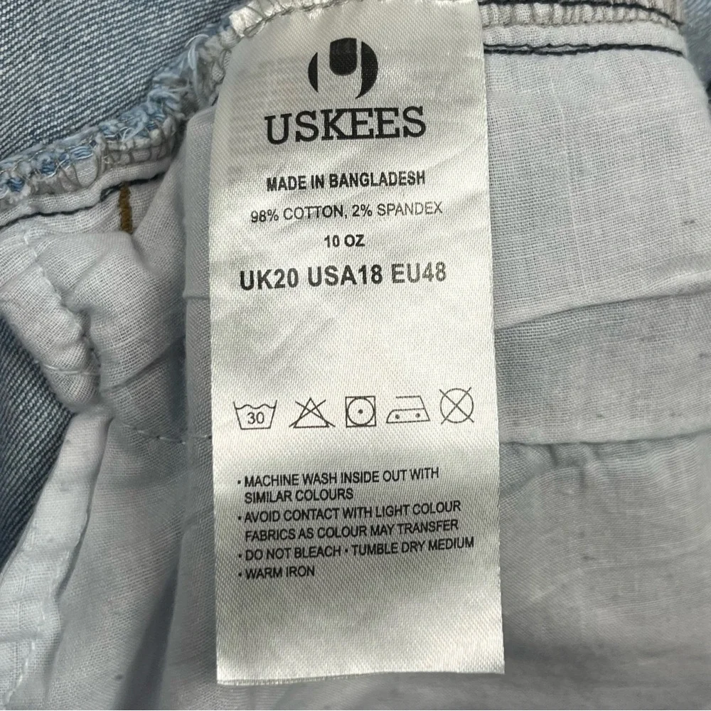 Uskees Manchester Matilda medium wash back zip flat front jean skirt, US 18.